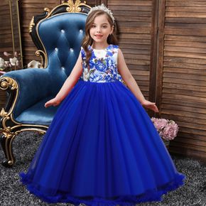 Kid Girl Floral Print Bowknot Decor Backless Princess Party Wedding Tulle Dress Maxi Gown